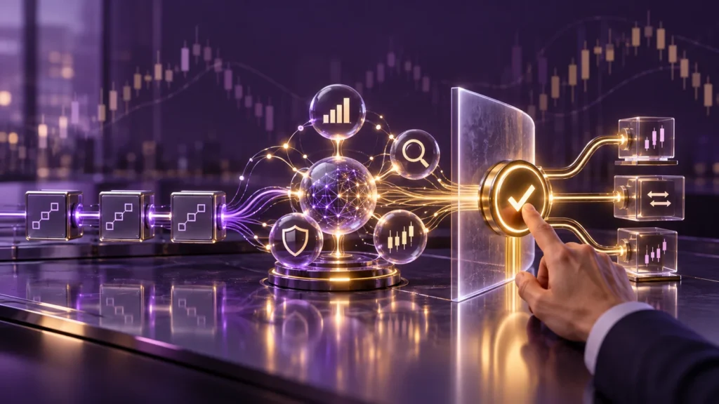 A branching network of AI trading agents connects market analysis and risk controls to a gold approval gateway operated by a human hand.