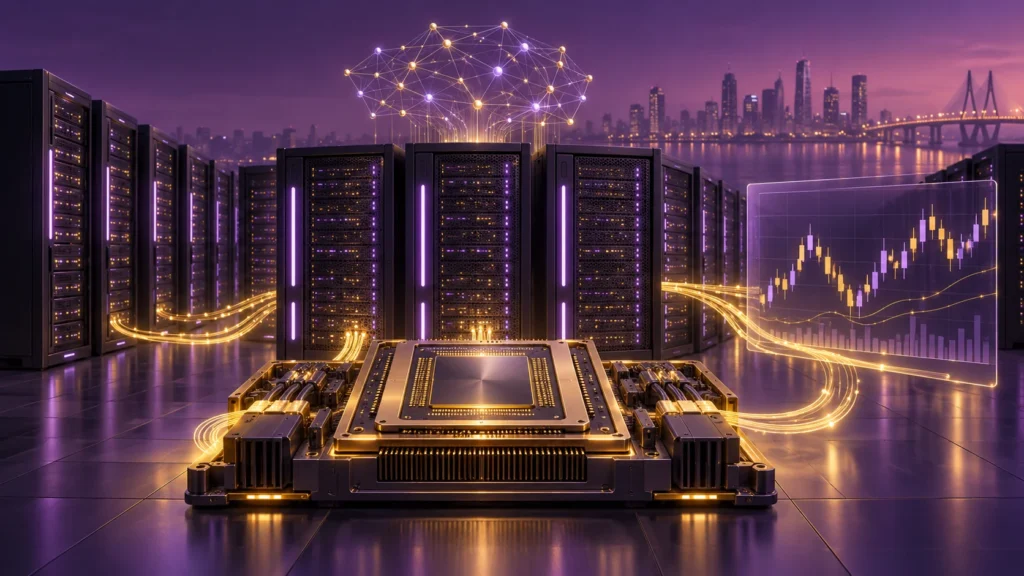Purple and gold illustration of data-centre server racks, an AI processor and fibre-optic connections to a financial-market chart, with an abstract Mumbai skyline.