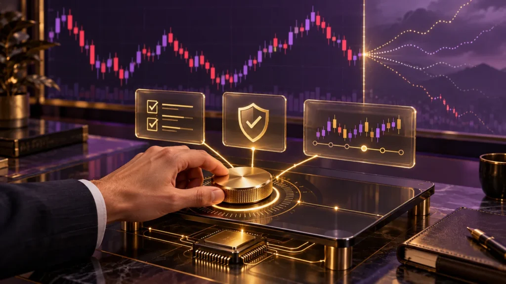 A trader adjusts a gold control dial connected to a checklist, risk shield and trade-history chart, with uncertain market paths in the purple background.