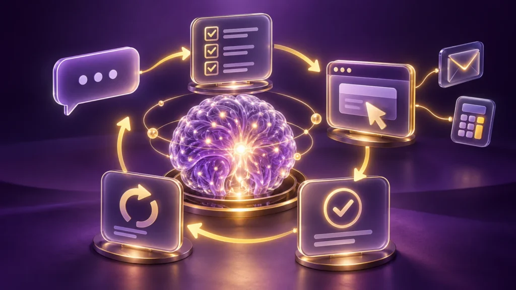 Purple and gold illustration of an AI brain connected to a planning checklist, browser tools, a verification checkmark and adjustment arrows.