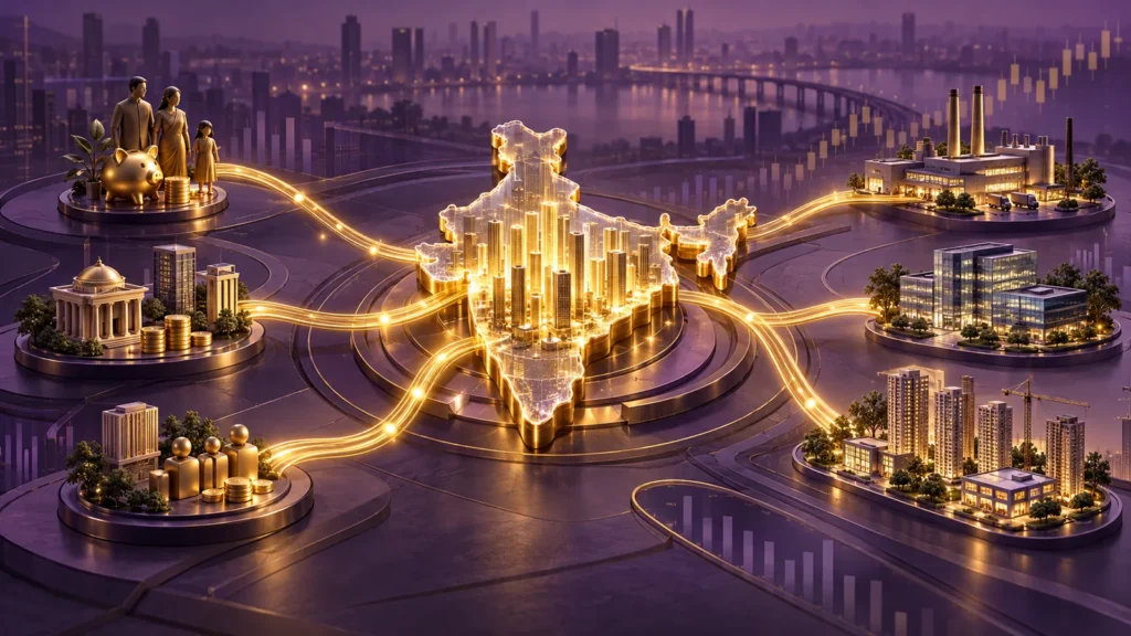 Purple and gold illustration of domestic investment flowing into an India-shaped market hub, connecting investors, market charts and growing businesses.