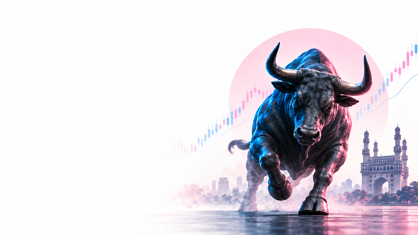 Charging bull with Hyderabad skyline and market chart