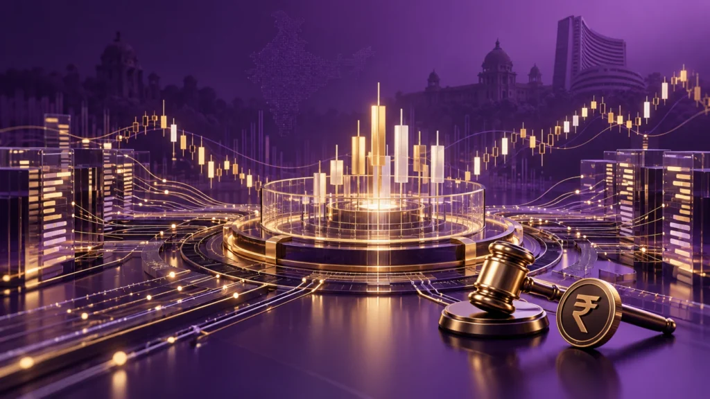 Purple and gold illustration of stock-market candlesticks, algorithmic trading connections and a closing-auction platform with a rupee symbol.