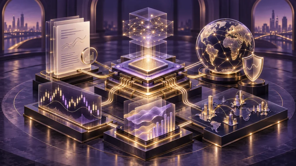Purple and gold illustration of investment research, an AI chip, market charts, risk management and a global investment network.